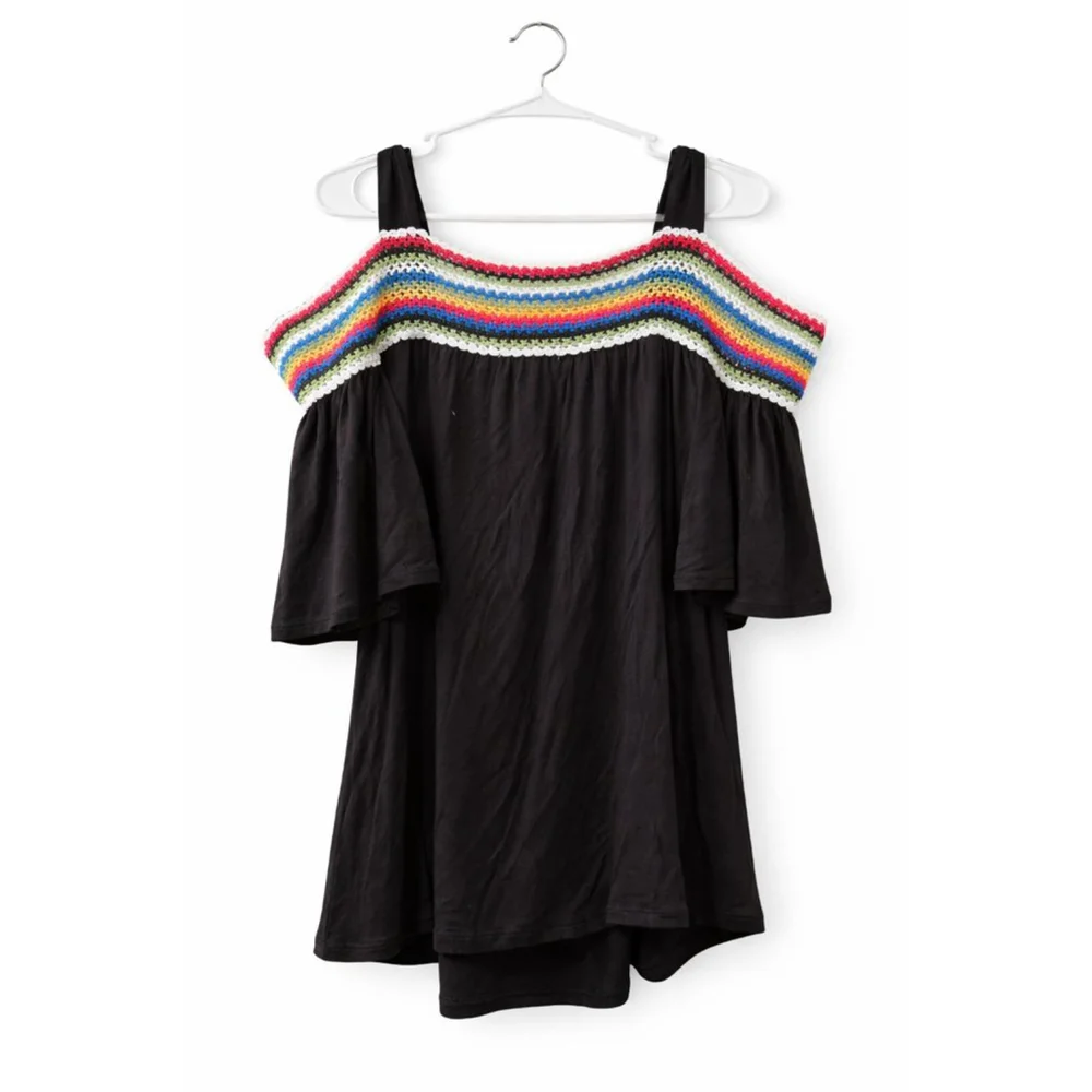 Cha Cha Vente Boho Crochet Off Shoulder Top Black Colorful Trim Medium Festival - Picture 3 of 6
